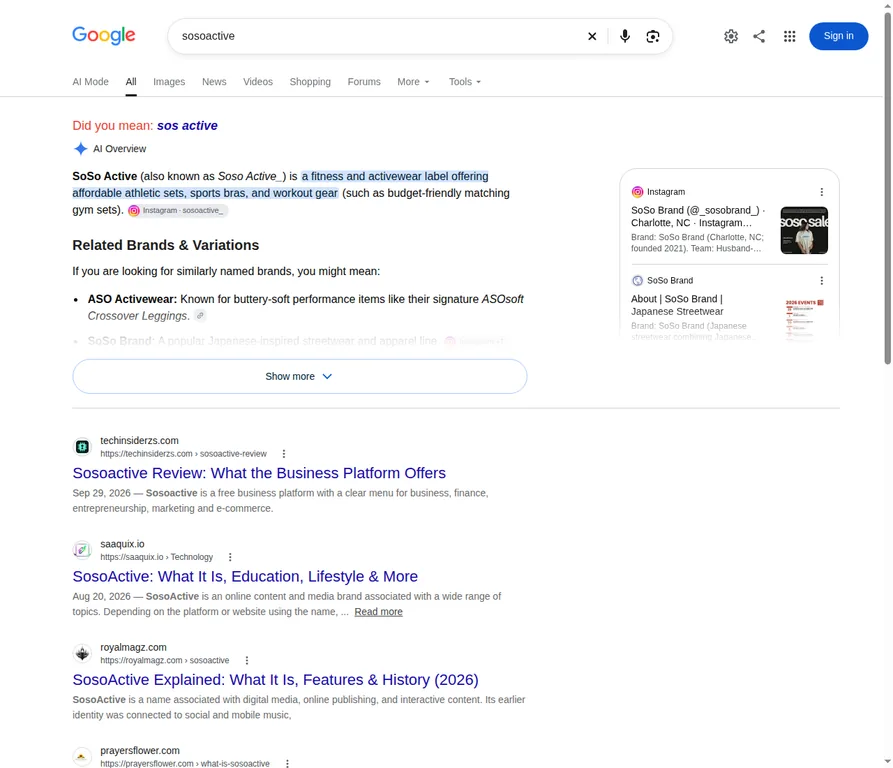 Google's desktop search for SoSoActive, captured October 13, 2026; the top viewport shows the AI Overview and first organic results. US/English settings, Bangladesh IP.